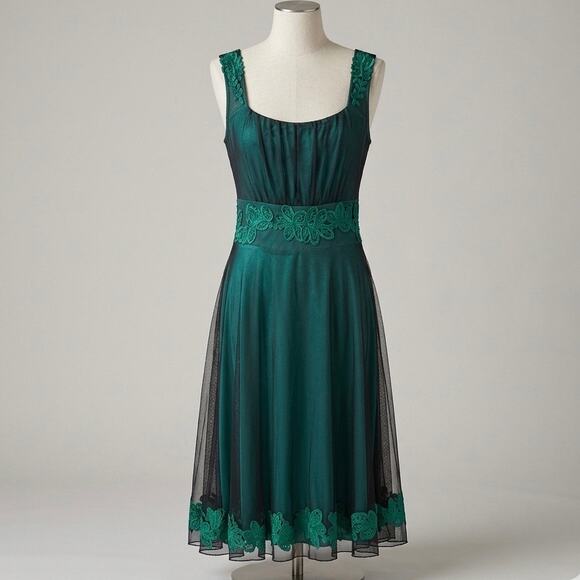 Papillon Dresses & Skirts - Y2K Emerald Green Embroidery Fairycore Midi Dress Whimsygoth Dark Romantic Sz S